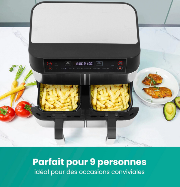 Niceey Airfryer XXL Friteuse Air - 2460W - 2x4L Double Panier - Récipient Antiadhésif - 8L - Argent