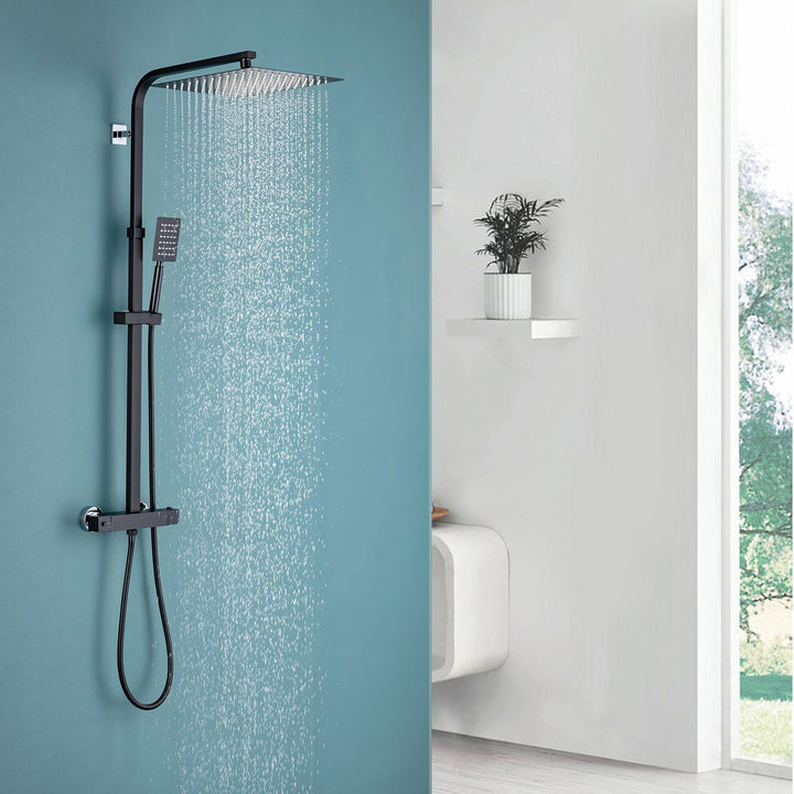 Colonne de Douche Thermostatique Noir Ensemble de Douche avec Douche de Tête Supérieur Ultra-mince Hauteur Réglable pour Salle de Bain