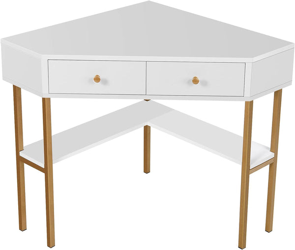 Bureau d’Angle en Forme de L au Design Moderne avec 2 Tiroirs, étagère et Cadre Métallique,Table d'ordinateur d'angle Stable pour Salon