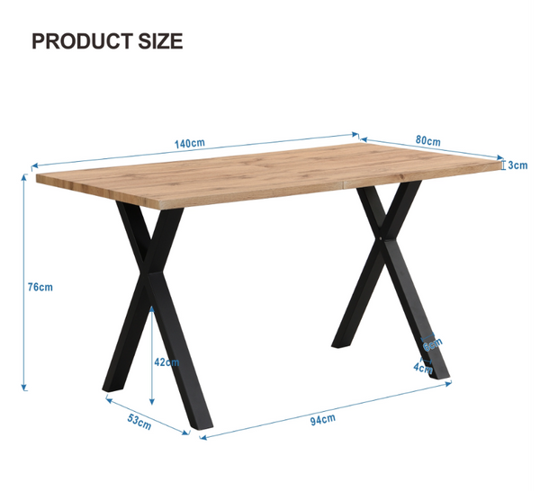 Table à manger 6 couverts, bois MDF + métal, noir & chêne, 140 x 80 x 76 cm